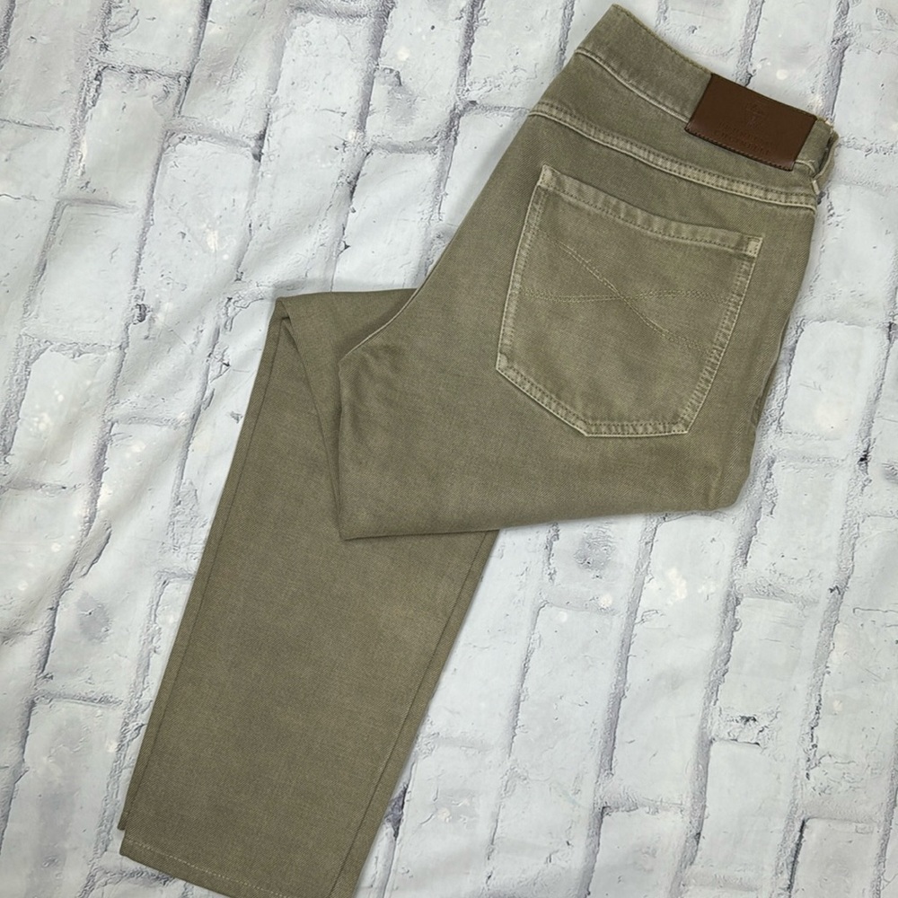 Brunello Cucinelli Men's Dyed Denim 5-Pocket Jeans Tapered Leg Button Fly Olive